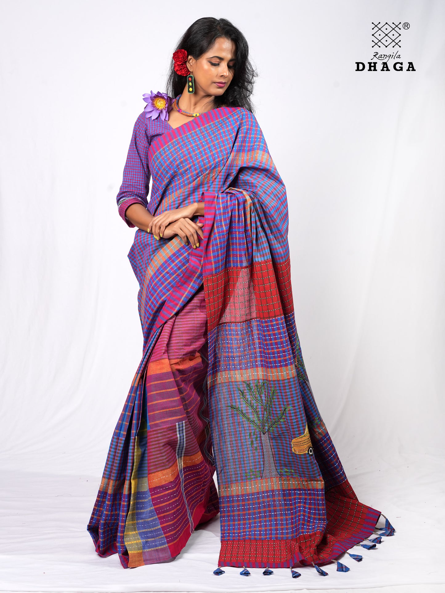 Hand-Embroidered Kantha Tree anf Pili Texi Stitch Patchwork Handloom Gamcha Saree  GS140