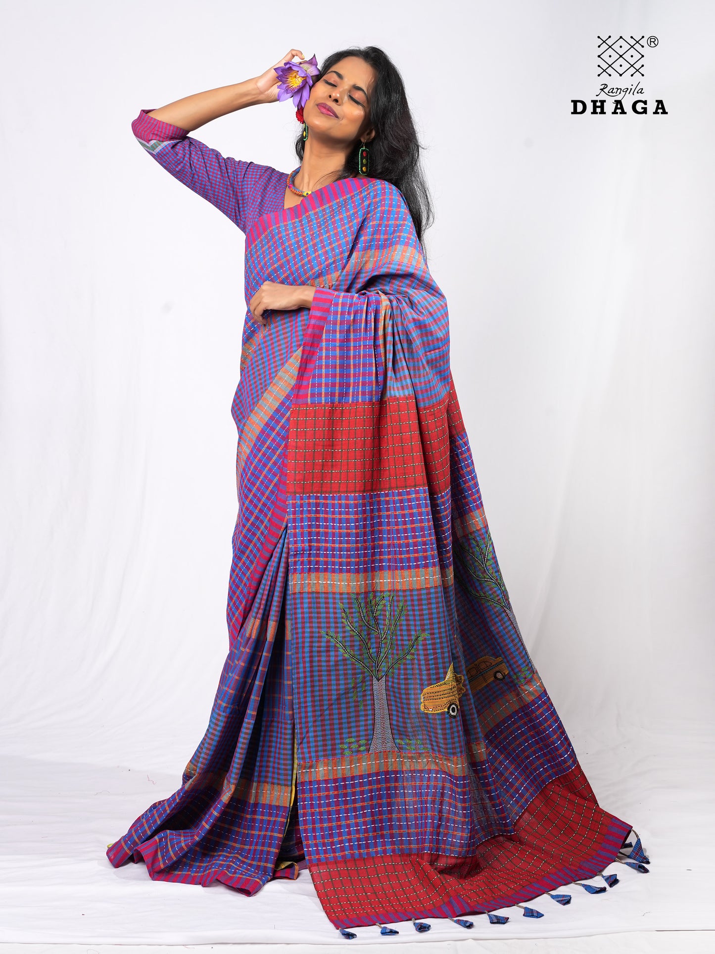 Hand-Embroidered Kantha Tree anf Pili Texi Stitch Patchwork Handloom Gamcha Saree  GS140
