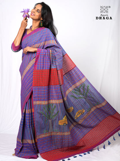 Hand-Embroidered Kantha Tree anf Pili Texi Stitch Patchwork Handloom Gamcha Saree  GS140