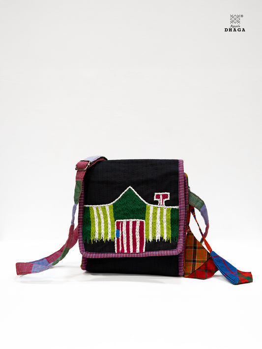 Sling Bag Gamcha Fashion Hand Embroided  Green  SL09