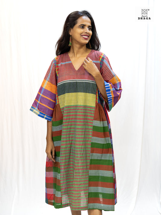 Multicolor Handloom Gamchha Free Size Dress with Pockets – Knee Length, Flared Fit D55