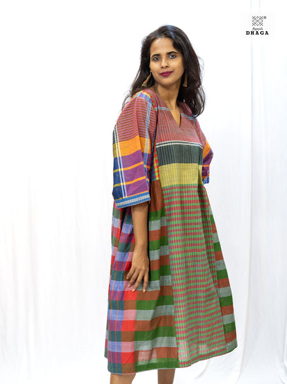 Multicolor Handloom Gamchha Free Size Dress with Pockets – Knee Length, Flared Fit D55