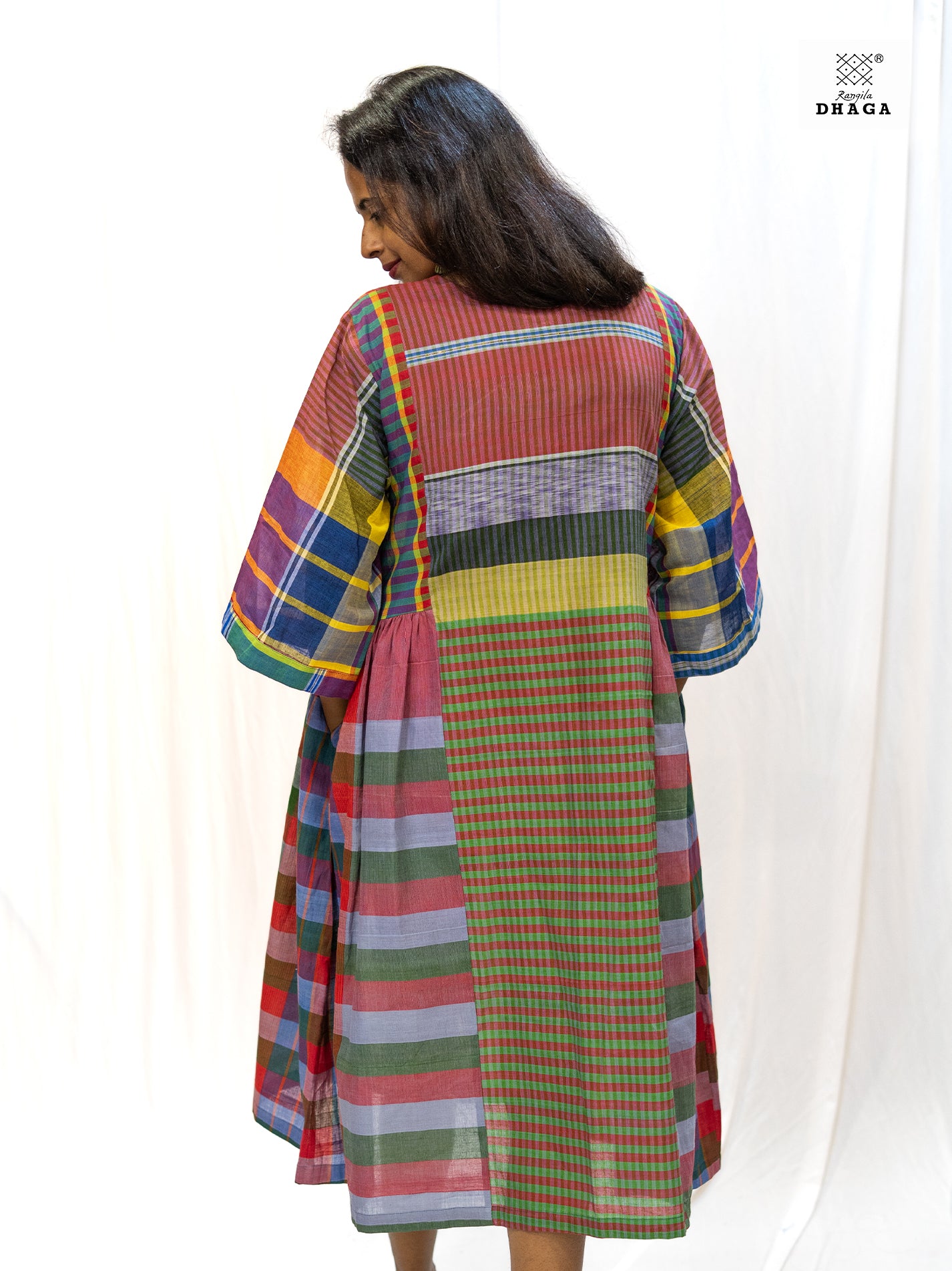 Multicolor Handloom Gamchha Free Size Dress with Pockets – Knee Length, Flared Fit D55