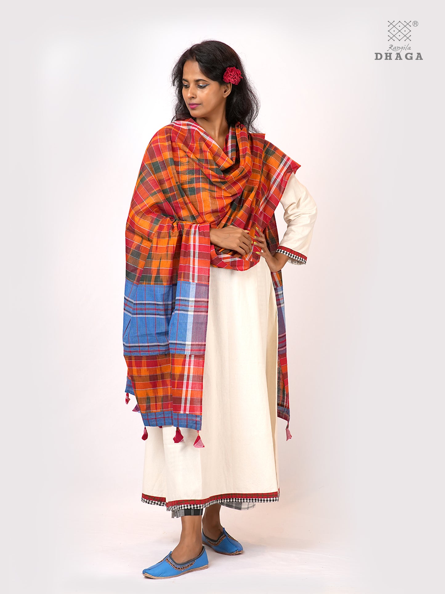 Rangila Dhaga Dual-Tone Patchwork Gamcha Dupatta with Tassels – Multicolor (2.5m)- GD003