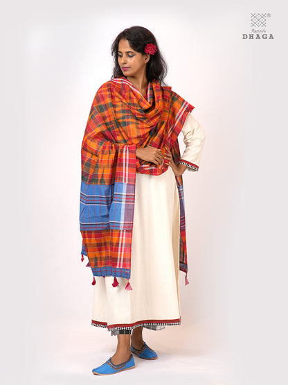 Rangila Dhaga Dual-Tone Patchwork Gamcha Dupatta with Tassels – Multicolor (2.5m)- GD003