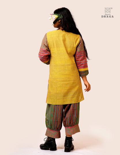 Handloom Cotton Gamcha Co-ord Set for Women – Yellow-Green Striped Kurti with Lining and Relaxed Fit Pocket Pants -CODE02