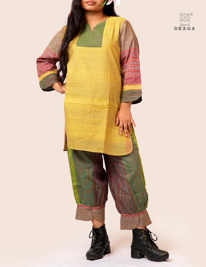 Handloom Cotton Gamcha Co-ord Set for Women – Yellow-Green Striped Kurti with Lining and Relaxed Fit Pocket Pants -CODE02