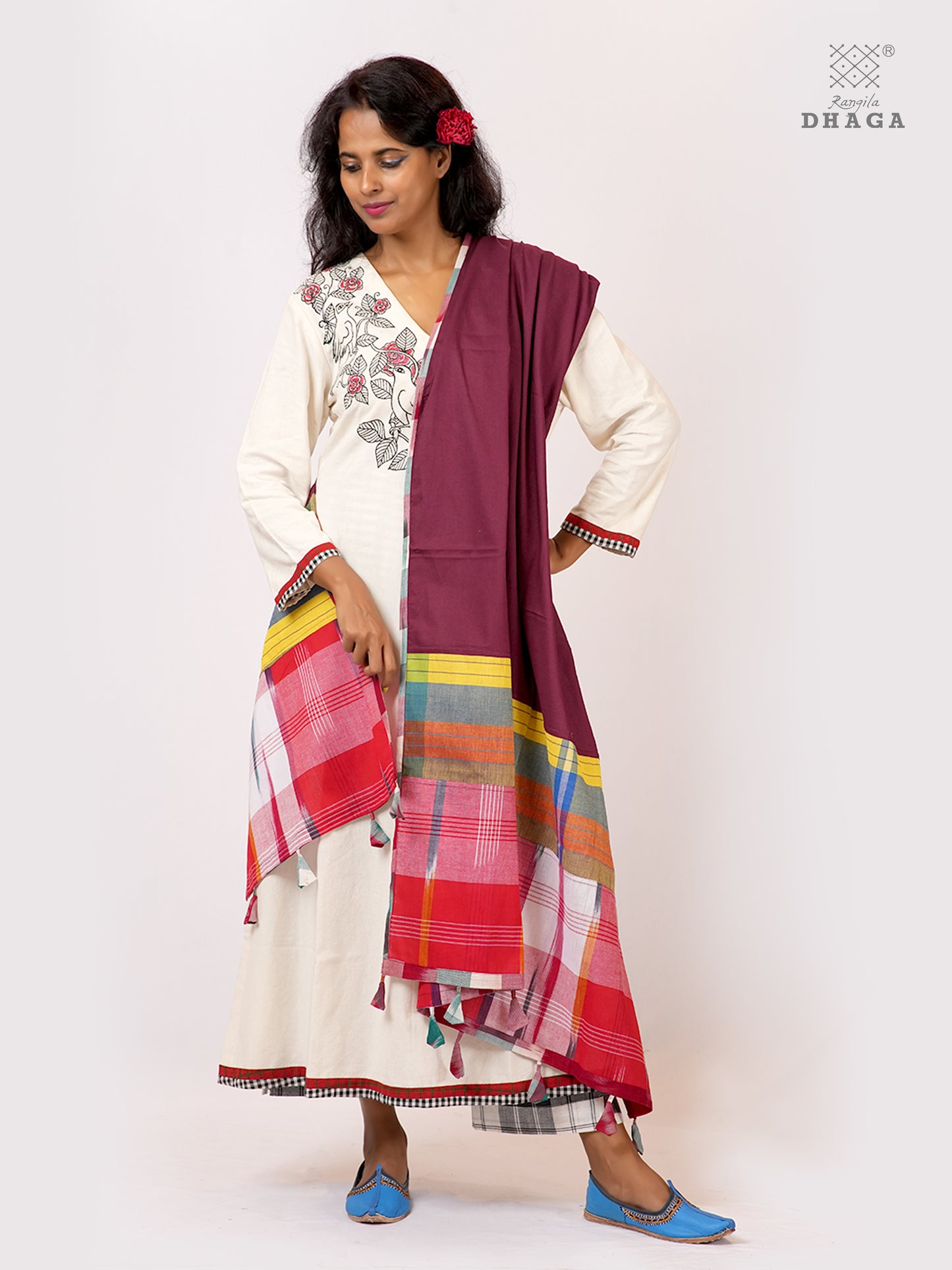 Handloom Gamcha Patchwork Mul Cotton Dupatta | Maroon Artisan Dupatta with Tassels (2.5m) GD029