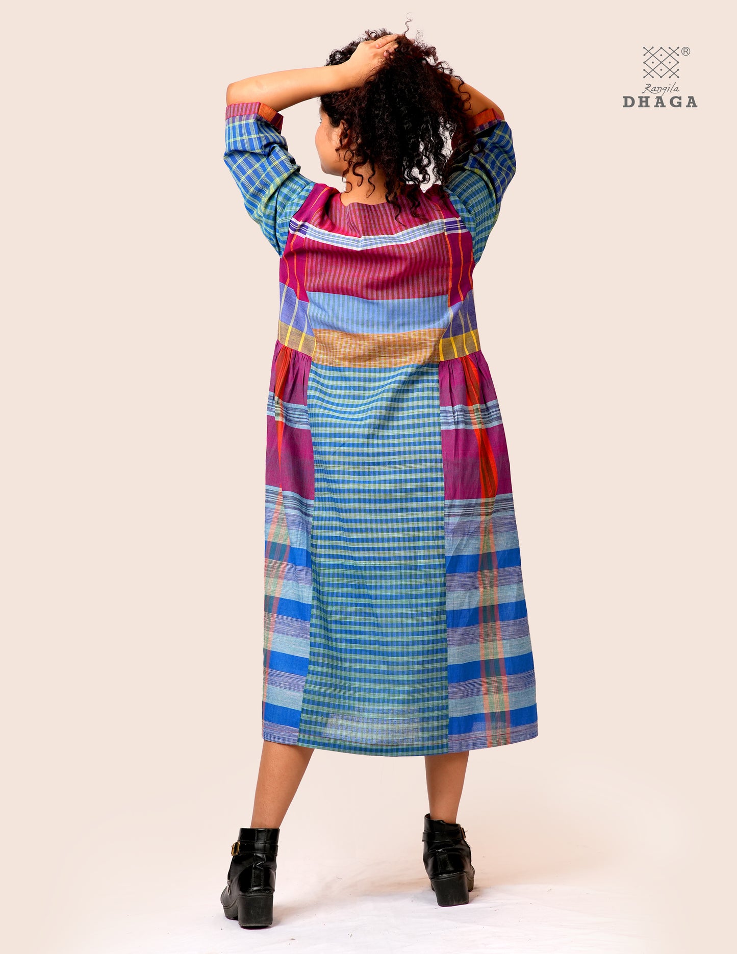 Hand Embroidered Multicolor Handloom Gamcha Dress | Artisan Cotton Dress | Rangila Dhaga | Rangila Dhaga KD004