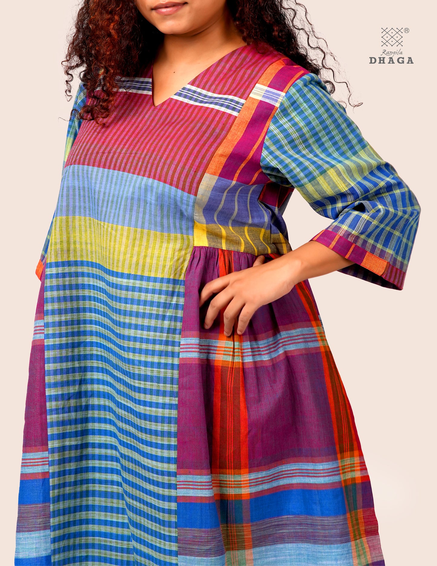 Hand Embroidered Multicolor Handloom Gamcha Dress | Artisan Cotton Dress | Rangila Dhaga | Rangila Dhaga KD004