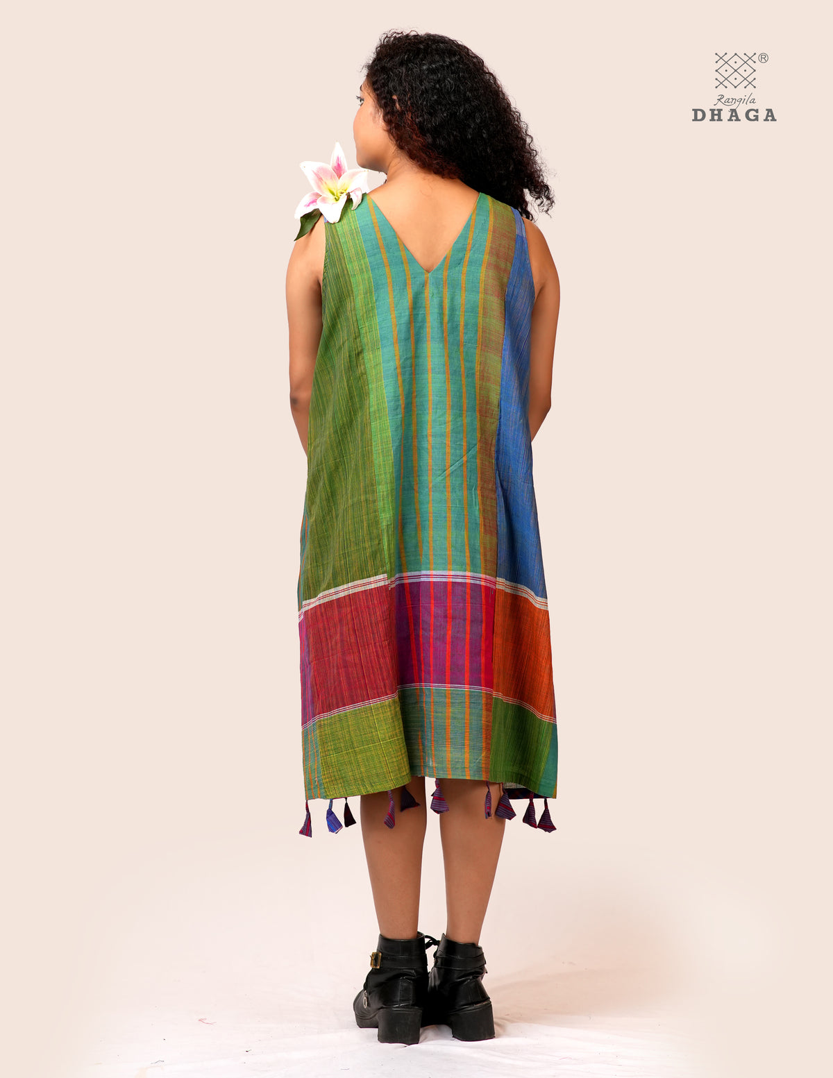 Handloom Gamcha Patchwork A-Line Dress with Cotton Lining, Both-Side Pockets & Handcrafted Bottom Tassels | Multicolor | Rangila Dhaga KD51