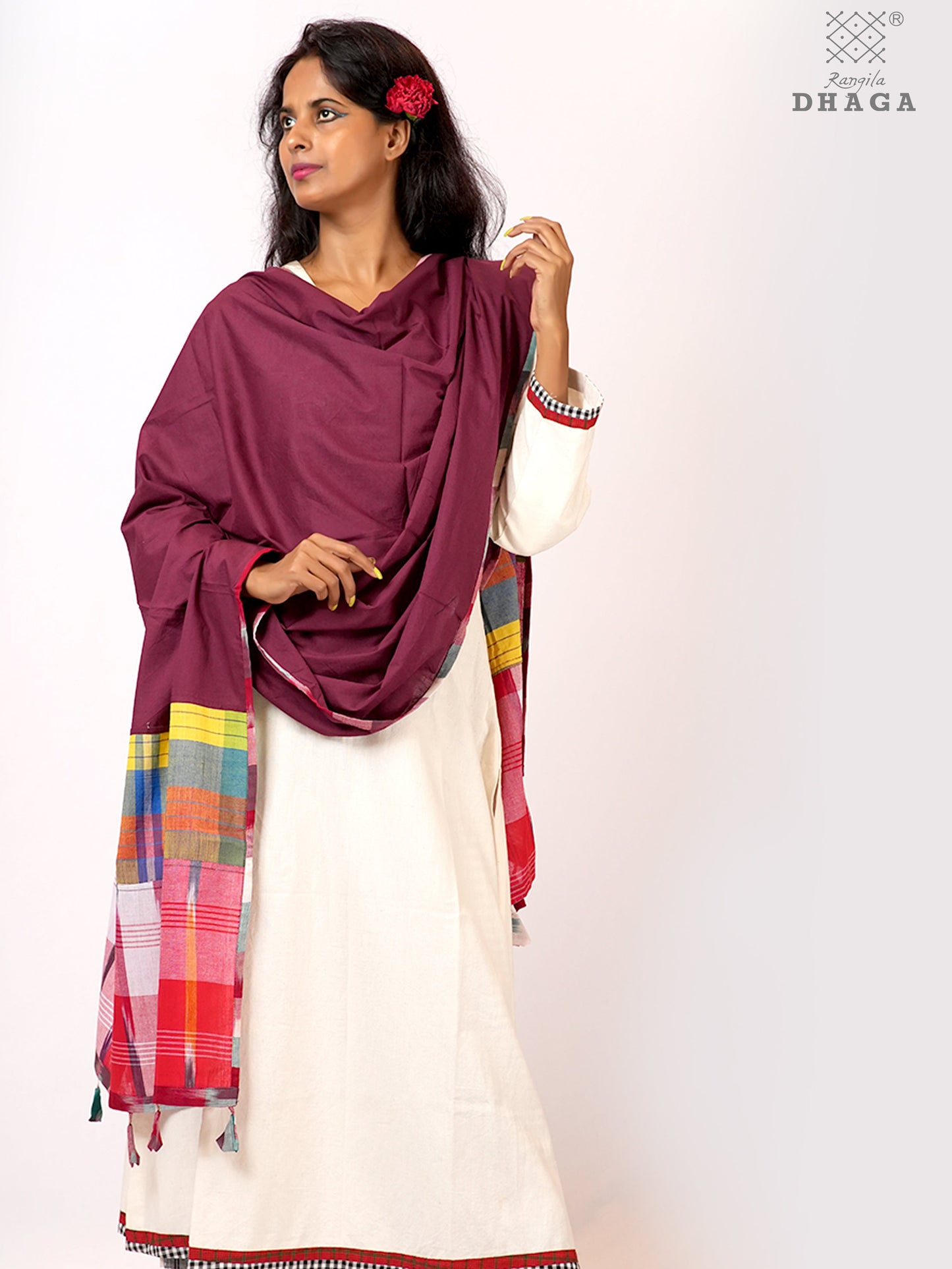 Handloom Gamcha Patchwork Mul Cotton Dupatta | Maroon Artisan Dupatta with Tassels (2.5m) GD029