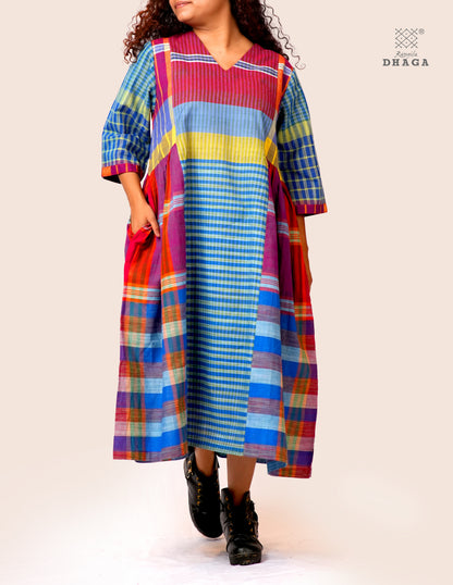 Hand Embroidered Multicolor Handloom Gamcha Dress | Artisan Cotton Dress | Rangila Dhaga | Rangila Dhaga KD004