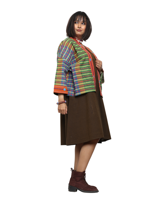 Handembroidered kantha stitch gamcha free size short jaket with hand embroidered flower desing border