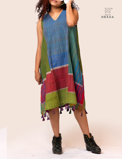 Handloom Gamcha Patchwork A-Line Dress with Cotton Lining, Both-Side Pockets & Handcrafted Bottom Tassels | Multicolor | Rangila Dhaga KD51