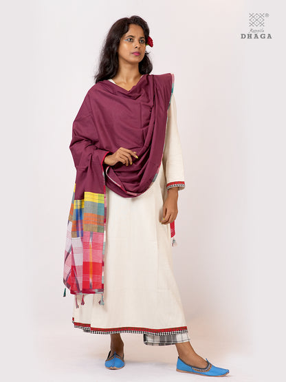 Handloom Gamcha Patchwork Mul Cotton Dupatta | Maroon Artisan Dupatta with Tassels (2.5m) GD029