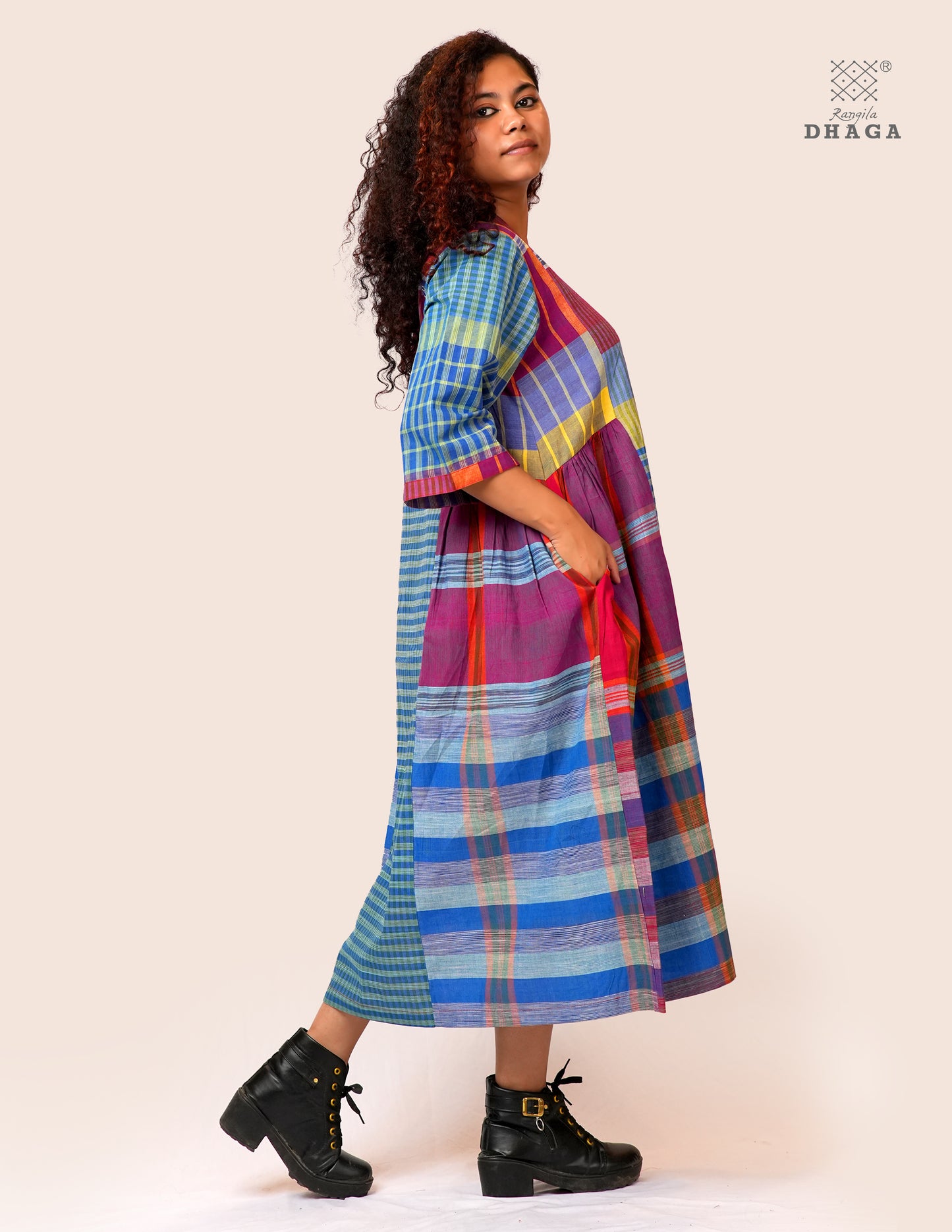 Hand Embroidered Multicolor Handloom Gamcha Dress | Artisan Cotton Dress | Rangila Dhaga | Rangila Dhaga KD004