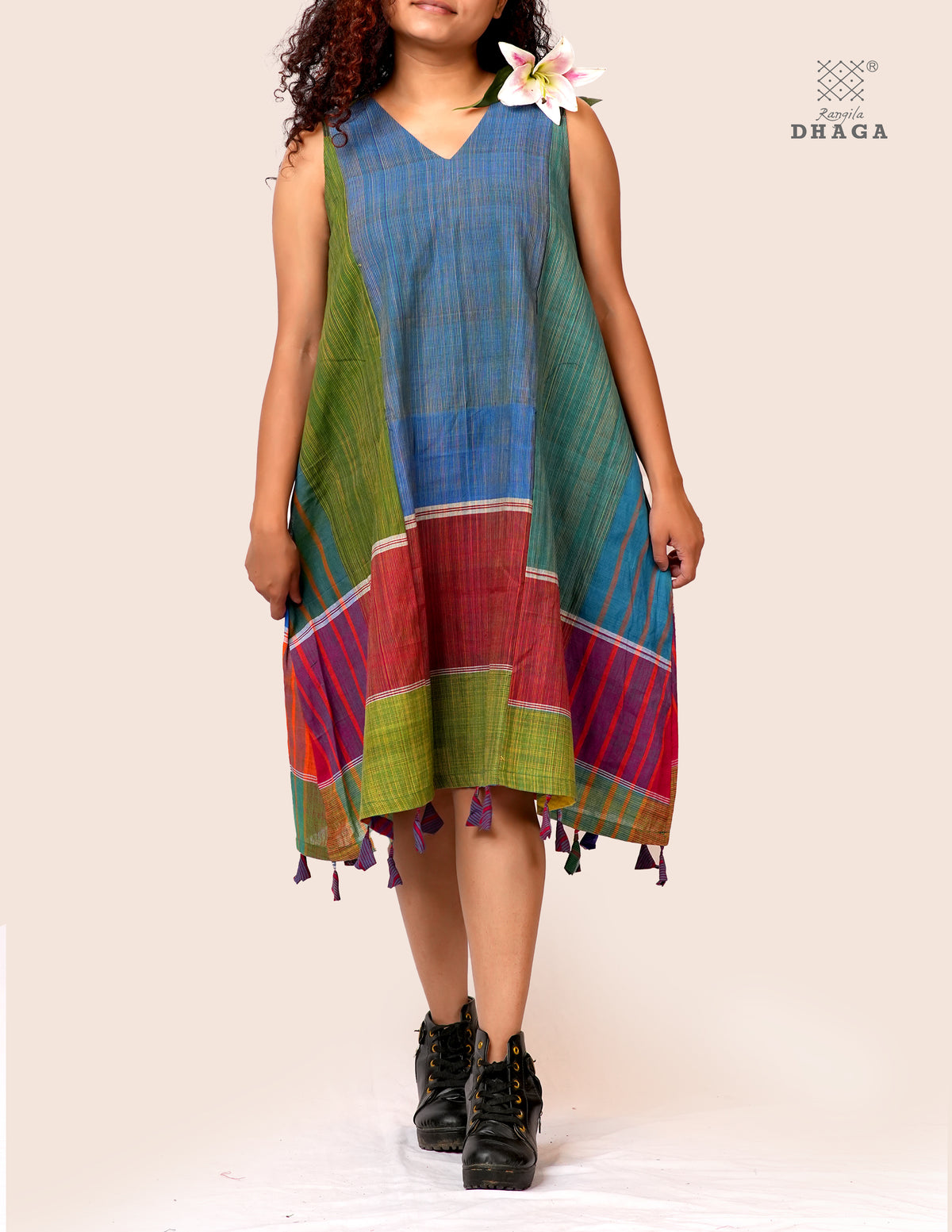 Handloom Gamcha Patchwork A-Line Dress with Cotton Lining, Both-Side Pockets & Handcrafted Bottom Tassels | Multicolor | Rangila Dhaga KD51