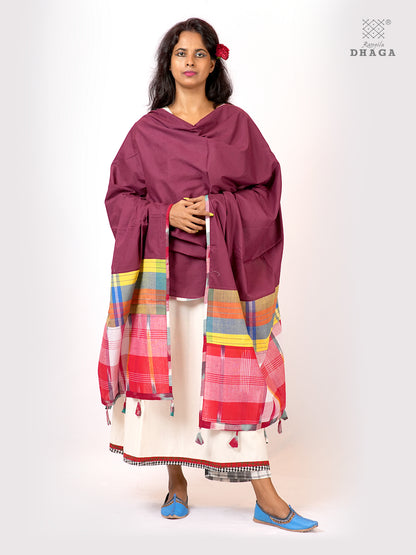 Handloom Gamcha Patchwork Mul Cotton Dupatta | Maroon Artisan Dupatta with Tassels (2.5m) GD029