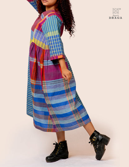 Hand Embroidered Multicolor Handloom Gamcha Dress | Artisan Cotton Dress | Rangila Dhaga | Rangila Dhaga KD004