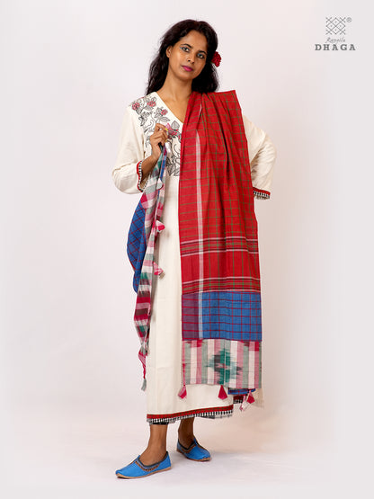 Patch work Gamcha Fashion Handloom Cotton Dupatta DP15( Red blue Multicolor)