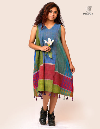 Handloom Gamcha Patchwork A-Line Dress with Cotton Lining, Both-Side Pockets & Handcrafted Bottom Tassels | Multicolor | Rangila Dhaga KD51