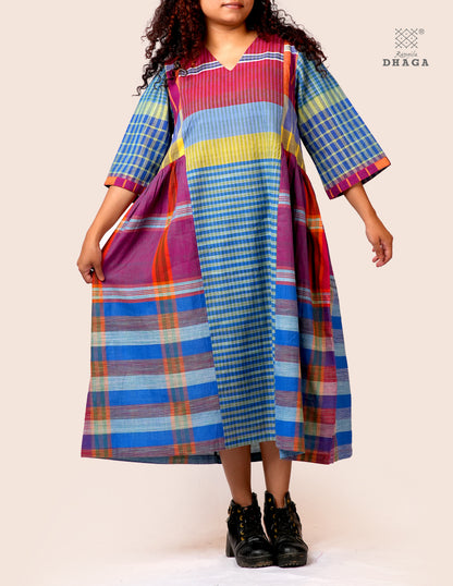 Hand Embroidered Multicolor Handloom Gamcha Dress | Artisan Cotton Dress | Rangila Dhaga | Rangila Dhaga KD004