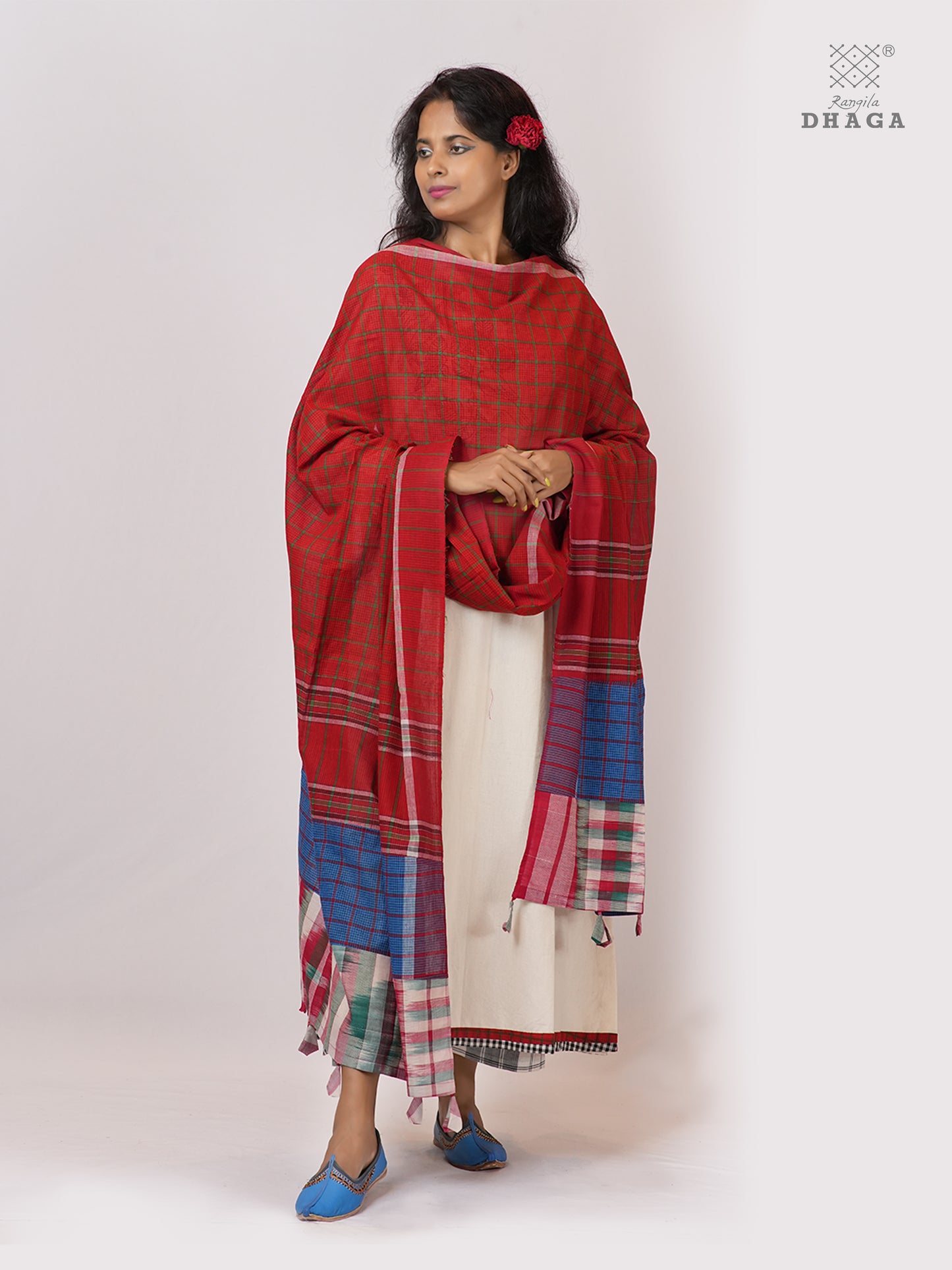 Patch work Gamcha Fashion Handloom Cotton Dupatta DP15( Red blue Multicolor)