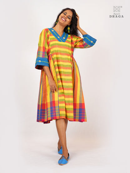 Handembroidered Handloom Gamcha Pintuck Yoke Gathered Dress | Artisan Cotton Dress with Pockets| Rangila Dhaga KD007