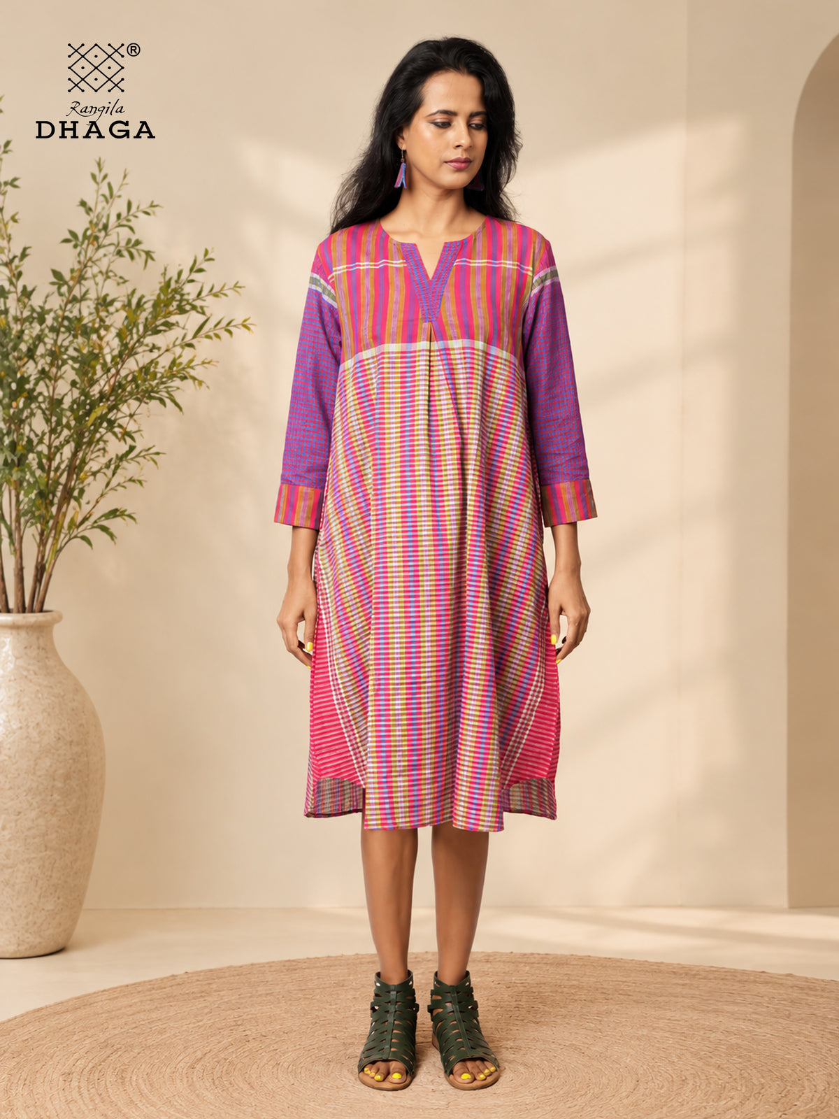 Handloom Gamcha Cotton Multicolour Dress with Pockets | Rangila Dhaga  K12