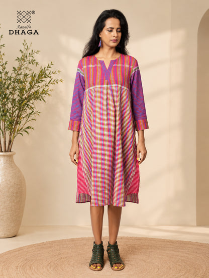 Handloom Gamcha Cotton Multicolour Dress with Pockets | Rangila Dhaga  K12