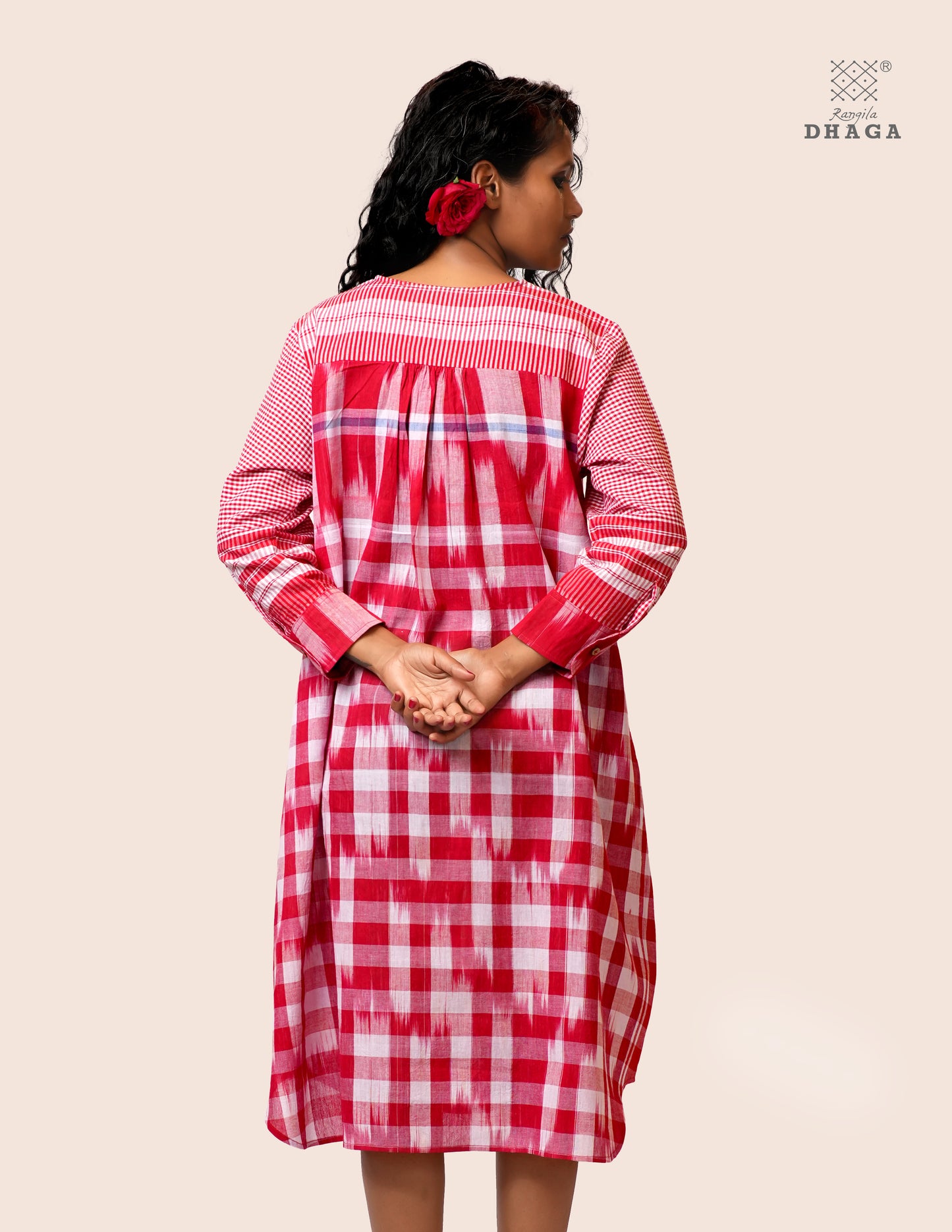 Red & White Handloom Kotki Gamcha Check Midi Dress | Pure Cotton | Rangila Dhaga KD001