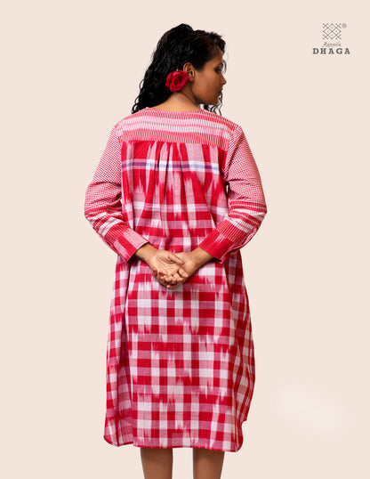 Red & White Handloom Kotki Gamcha Check Midi Dress | Pure Cotton | Rangila Dhaga KD001