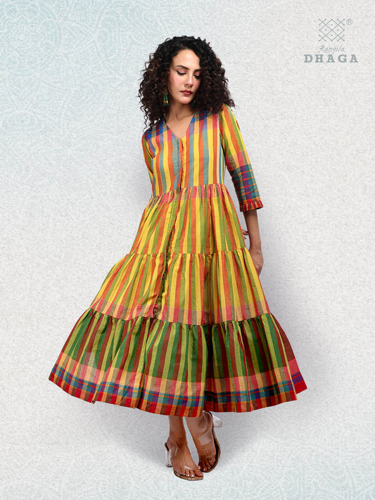 Handloom Cotton Multicolor Striped Flared  Yellow Dress cum Open Shrug – Rangila Dhaga D51