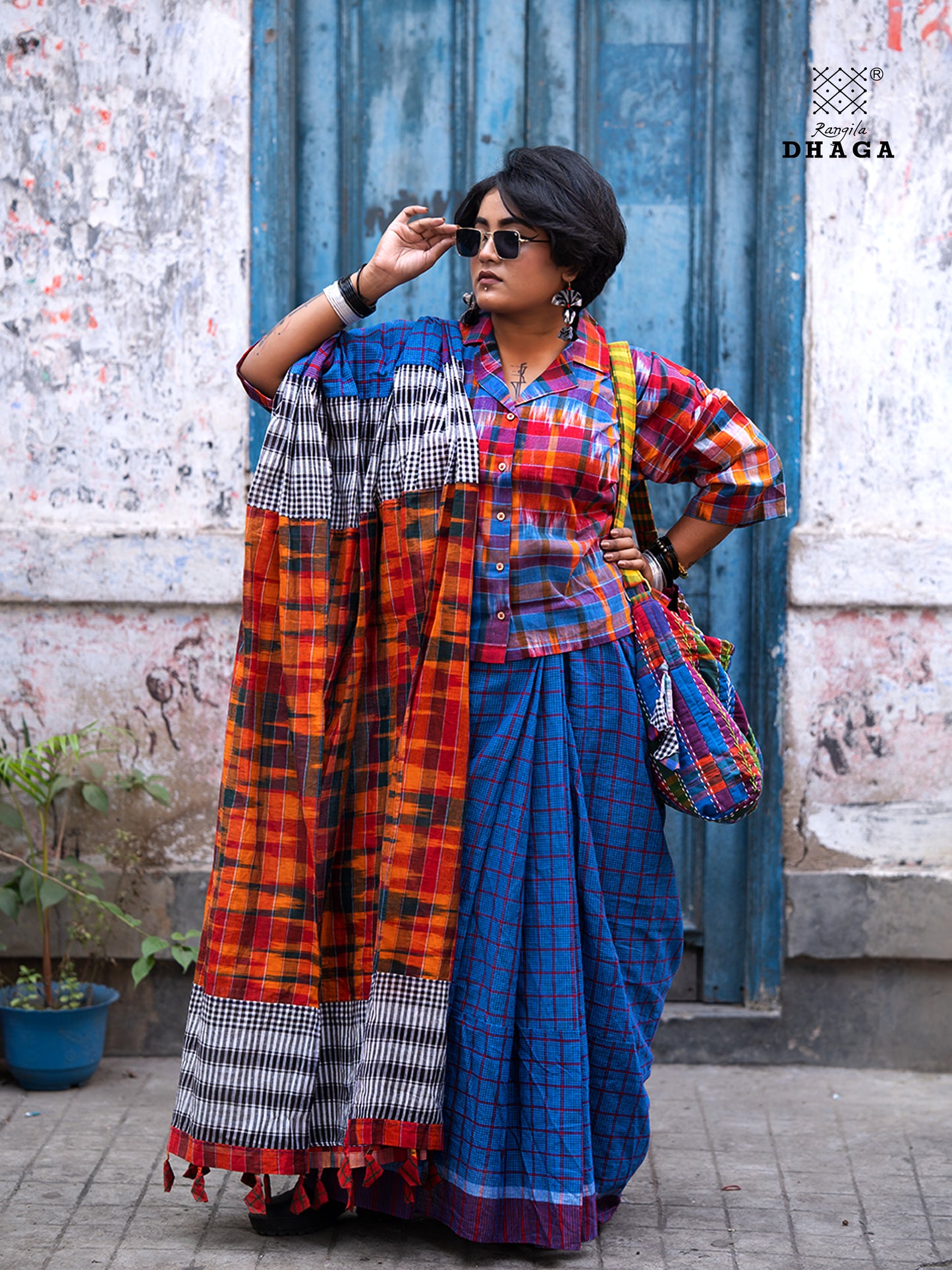 Patchwork Saree Gamcha Fashion Handloom Cotton Fabric  Blue & Red Multicolor GS114