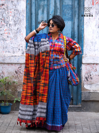 Patchwork Saree Gamcha Fashion Handloom Cotton Fabric  Blue & Red Multicolor GS114