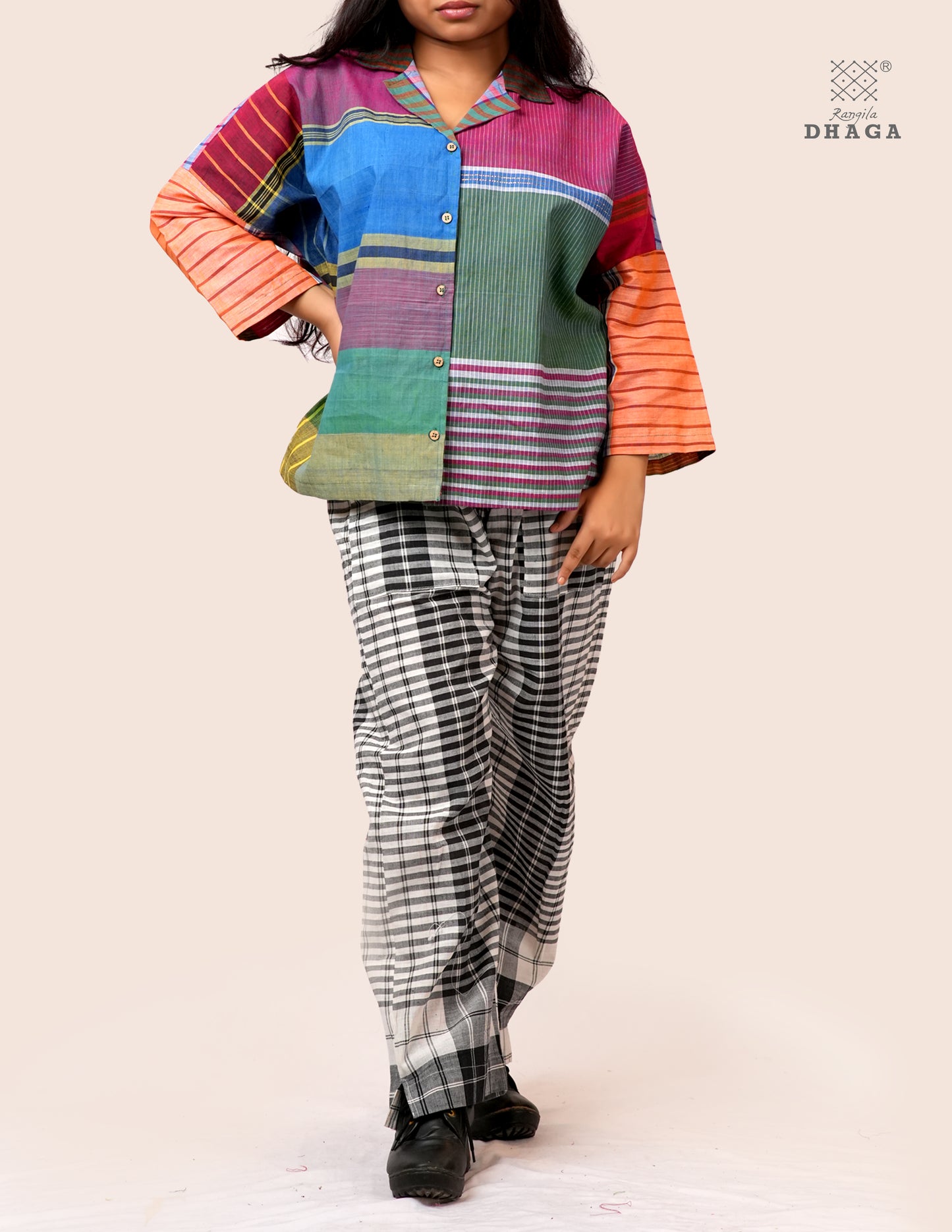 Women’s Oversized Gamcha Cotton Jacket | Handloom Front Open Top  S02– Rangila Dhaga