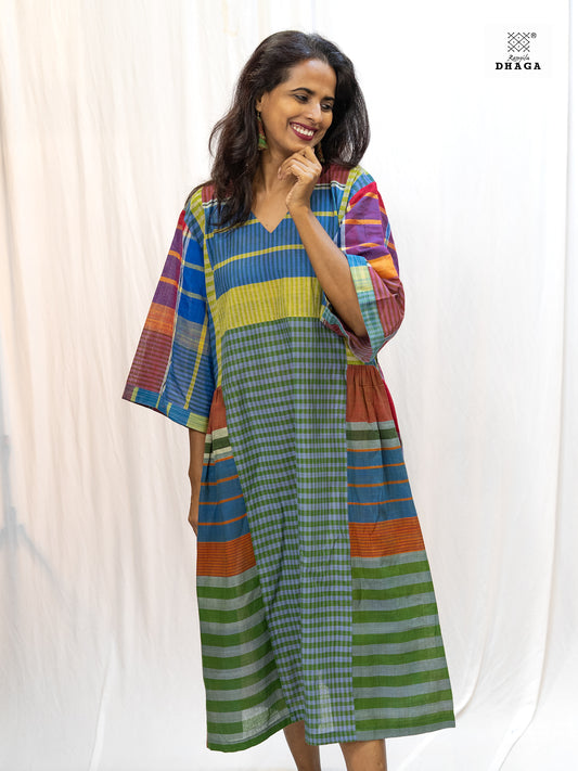 Rainbow Stripes Gamcha Cotton Dress with Pockets – Handloom Elegance Green  D45