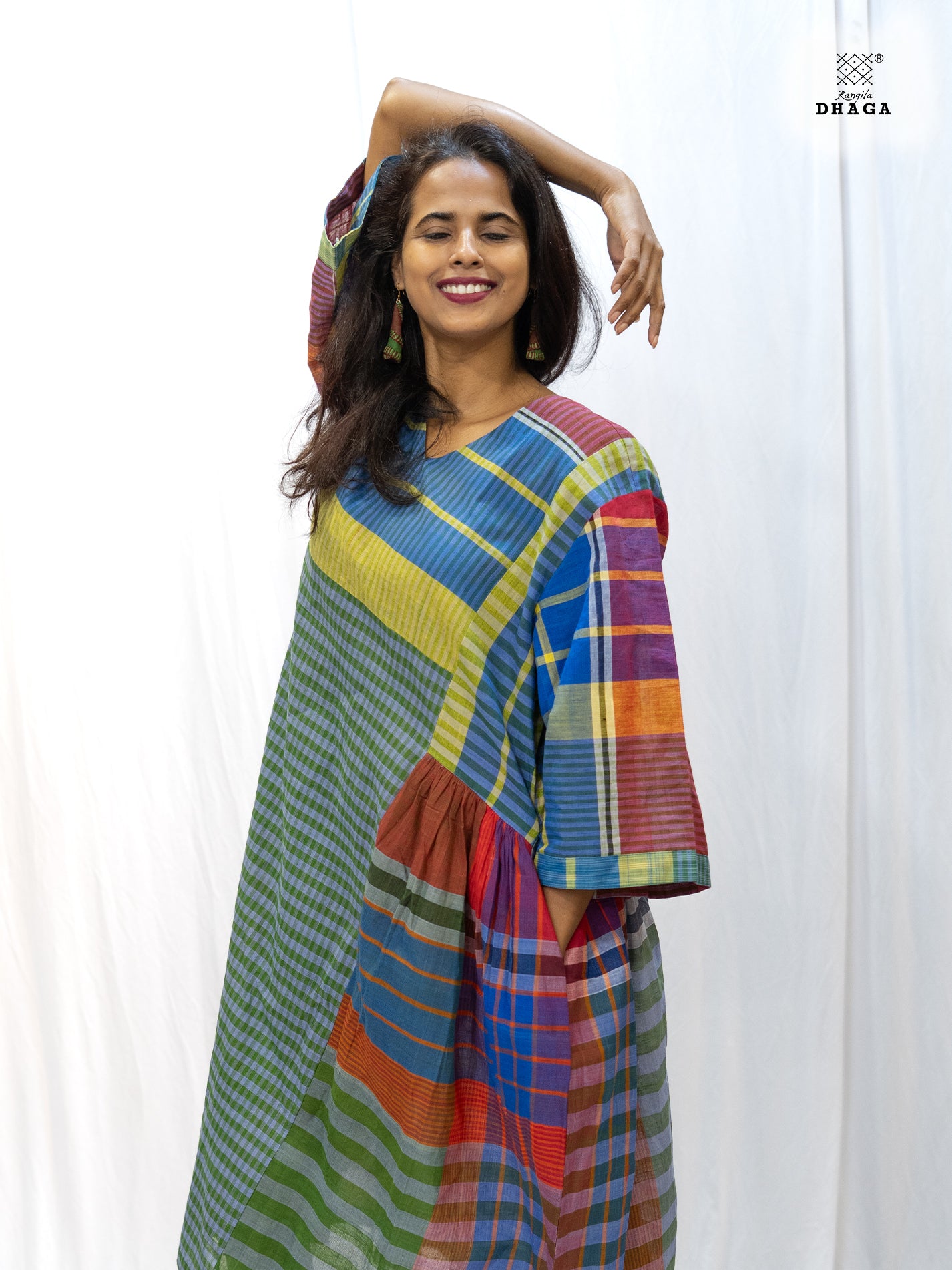 Rainbow Stripes Gamcha Cotton Dress with Pockets – Handloom Elegance Green  D45