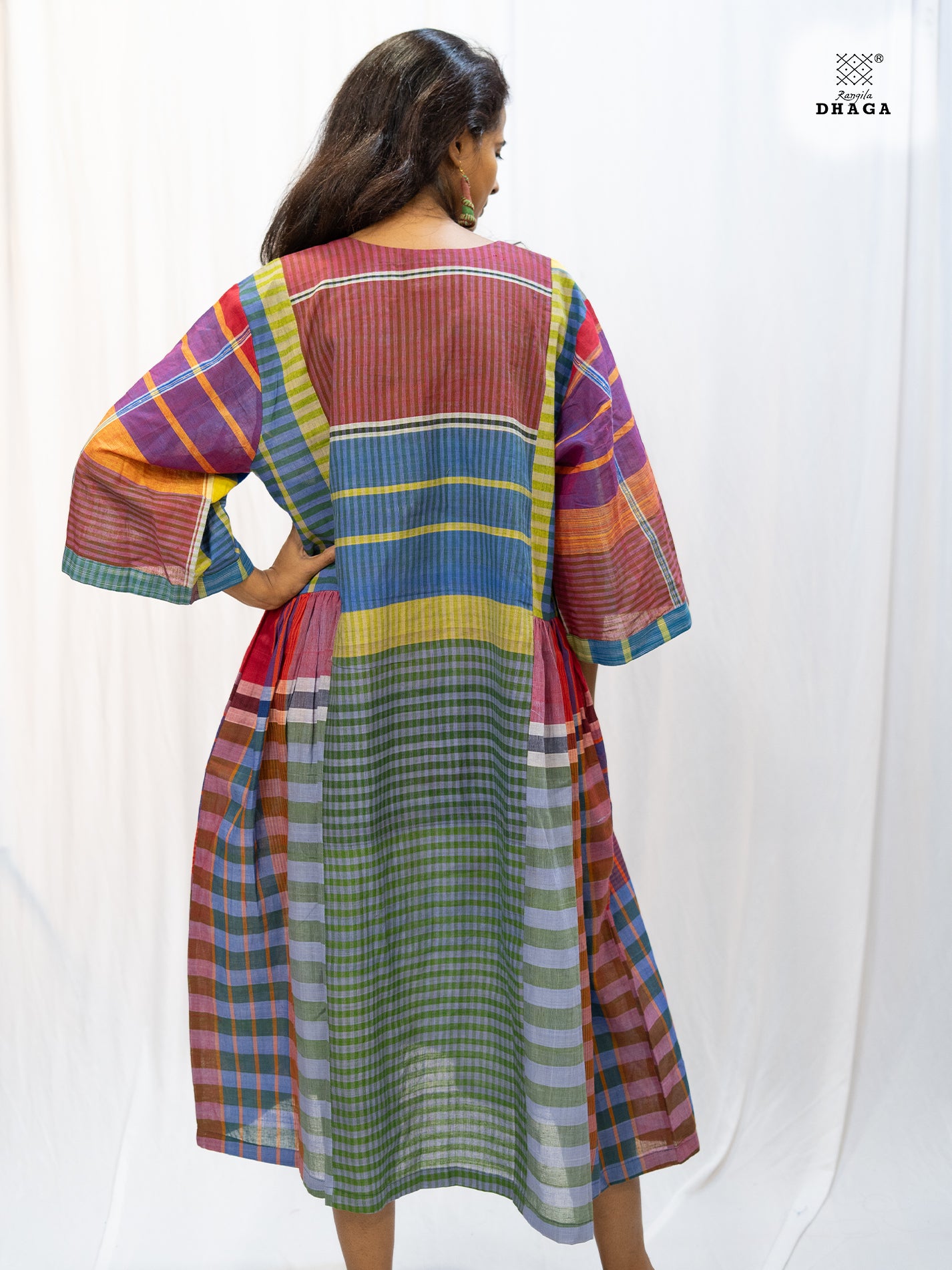 Rainbow Stripes Gamcha Cotton Dress with Pockets – Handloom Elegance Green  D45