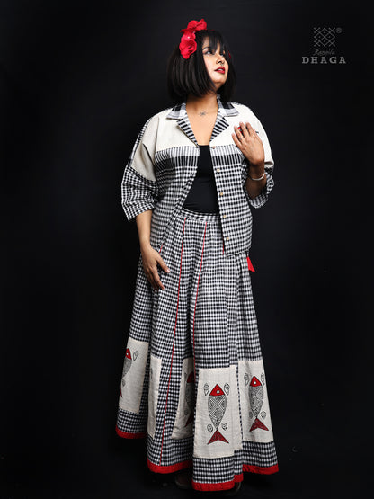 Rangila Dhaga Monochrome Check Skirt with Hand-Painted Fish Motifs
