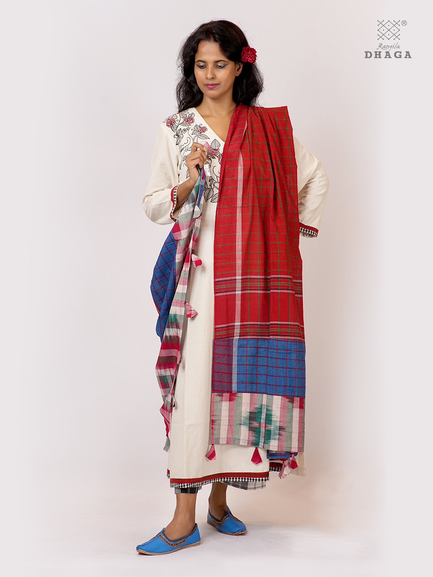 Patch work Gamcha Fashion Handloom Cotton Dupatta DP15( Red blue Multicolor)