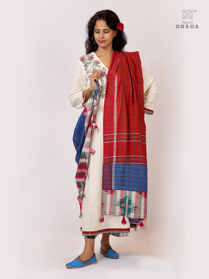 Patch work Gamcha Fashion Handloom Cotton Dupatta DP15( Red blue Multicolor)