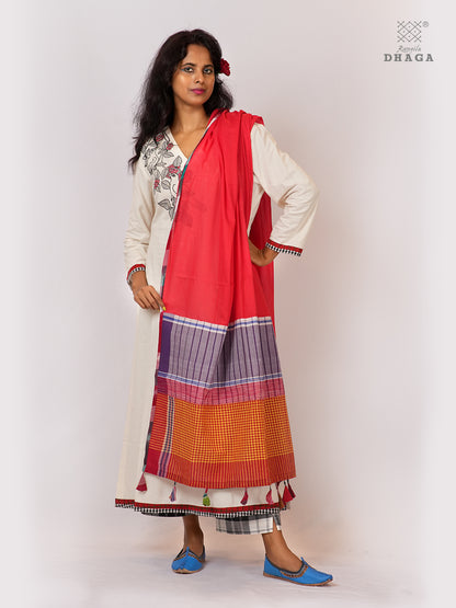 Handloom Gamcha Patchwork Mul Cotton Dupatta | RaniPink Artisan Dupatta with Tassels (2.5m) GD030