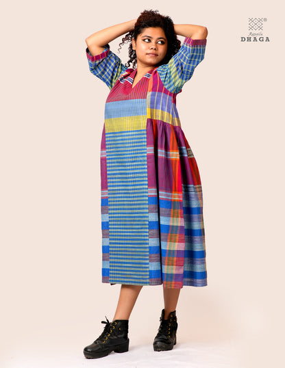 Hand Embroidered Multicolor Handloom Gamcha Dress | Artisan Cotton Dress | Rangila Dhaga | Rangila Dhaga KD004