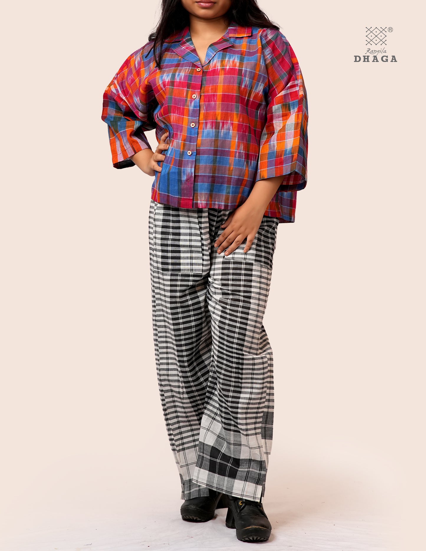 Women’s Oversized Kotki Gamcha Cotton Shirt | Handloom Front Open Top  S06– Rangila Dhaga (Copy) (Copy)