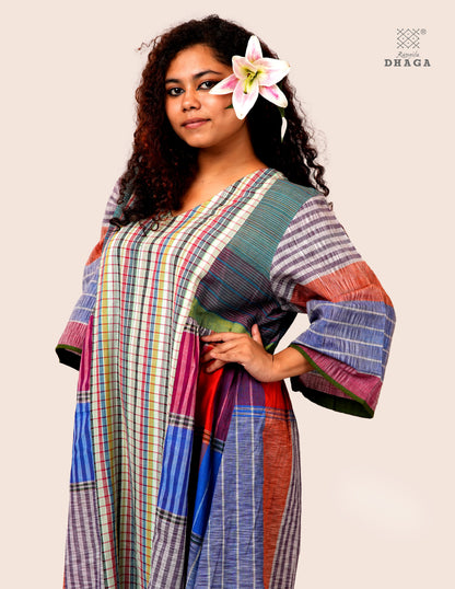 Hand Embroidered Multicolor Handloom Gamcha Dress | Artisan Cotton Dress | Rangila Dhaga | Rangila Dhaga KD005