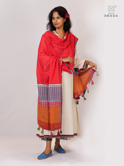 Handloom Gamcha Patchwork Mul Cotton Dupatta | RaniPink Artisan Dupatta with Tassels (2.5m) GD030