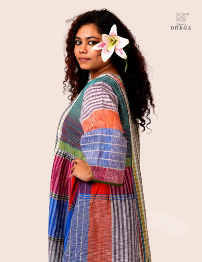 Hand Embroidered Multicolor Handloom Gamcha Dress | Artisan Cotton Dress | Rangila Dhaga | Rangila Dhaga KD005