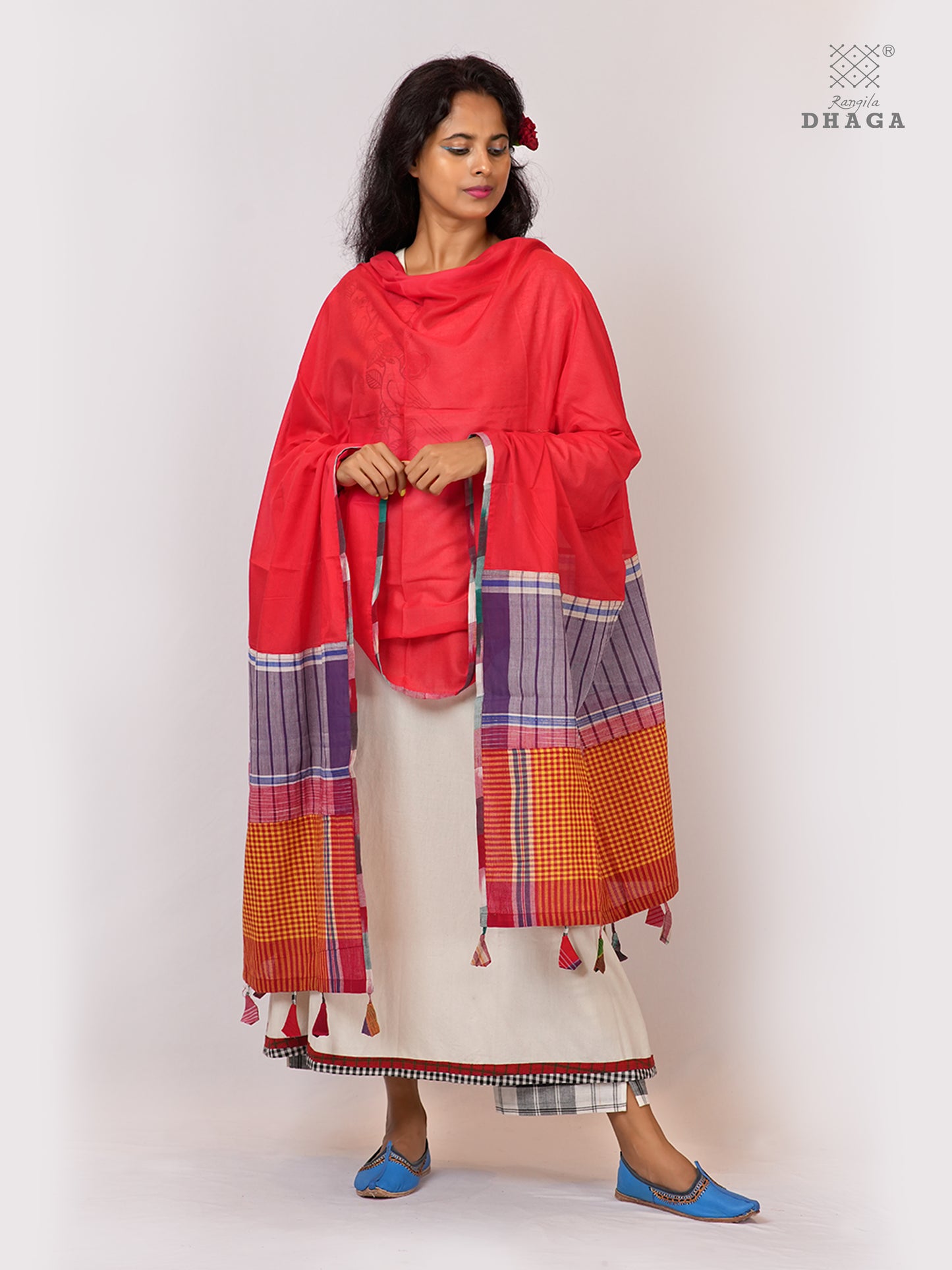 Handloom Gamcha Patchwork Mul Cotton Dupatta | RaniPink Artisan Dupatta with Tassels (2.5m) GD030